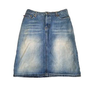 Polo Ralph Lauren 4 Denim Below Knee Midi Skirt Cotton Medium Wash Leather Patch